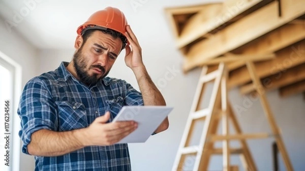 Fototapeta A construction worker reviews plans, looking puzzled in a building site.