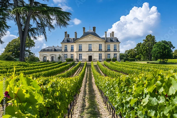 Fototapeta Scenic view of a prestigious winery chateau nestled among rows of grapevines in the bordeaux region, showcasing french winemaking heritage
