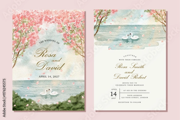 Fototapeta wedding invitation with illustration of couple swan on the lake during spring season