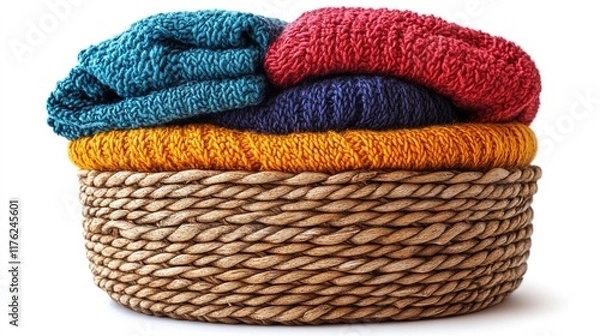 Fototapeta A woven basket filled with colorful, cozy blankets, showcasing a warm and inviting aesthetic.