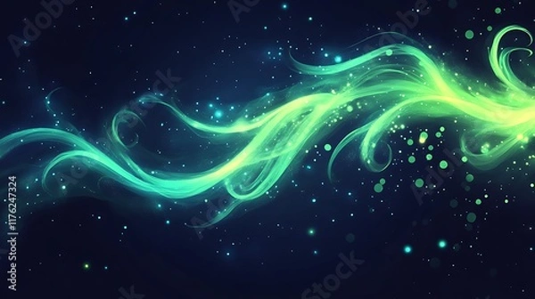 Fototapeta Abstract Green Glowing Waves and Sparkling Dust