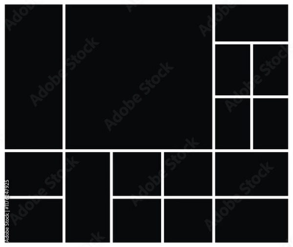 Fototapeta Black empty photo collage grid template. Picture texture background for presentation. Moodboard template for wall display.