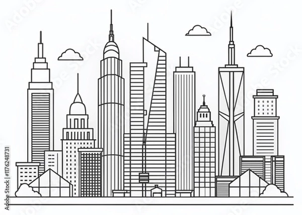 Fototapeta Line Drawing NYC Skyline, Minimalist Cityscape Illustration, Right Side Composition, Copy Space