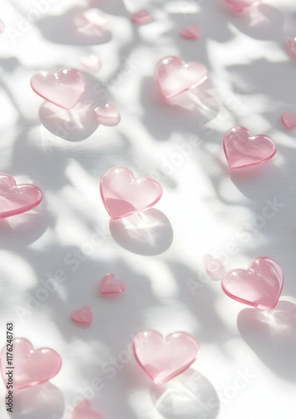 Fototapeta A serene arrangement of pink heart-shaped stones casting soft shadows on a light background.