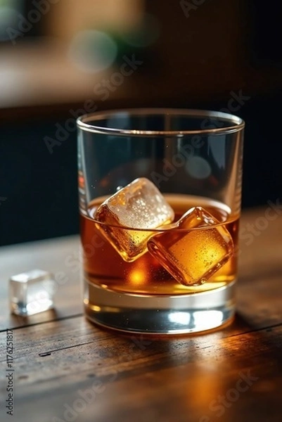 Fototapeta Whisky glass on a wooden table with ice in the background, natural, texture, background