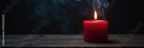 Fototapeta Dark smoke rises from a red candle on a wooden table, quiet, evening