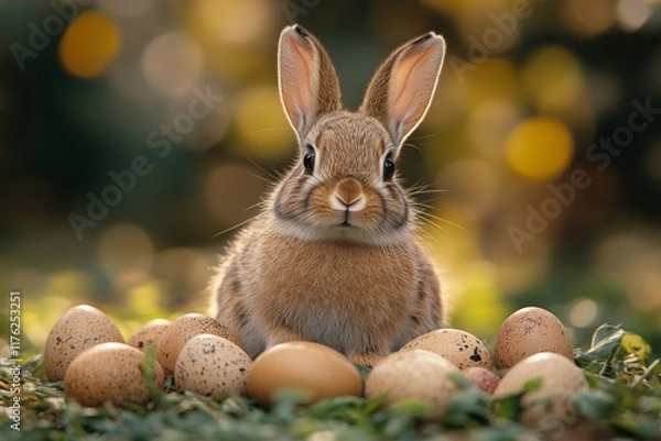 Fototapeta Easter Bunny with Exotic Eggs in Cute Grass