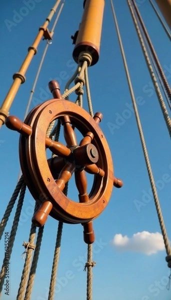 Fototapeta Wooden pulley attached to rope on a tall ship mast, wooden pulleys, mast