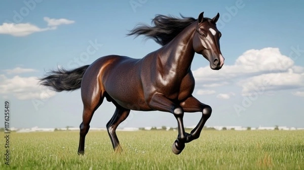 Fototapeta A powerful horse galloping across a green field under a blue sky.