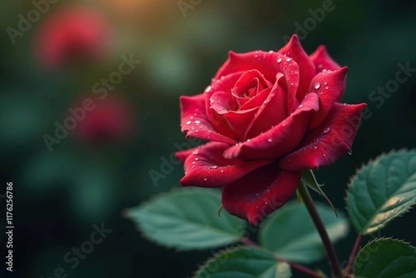 Fototapeta Tiny water droplets on rose-red leaf glisten softly, foliage, sparkle