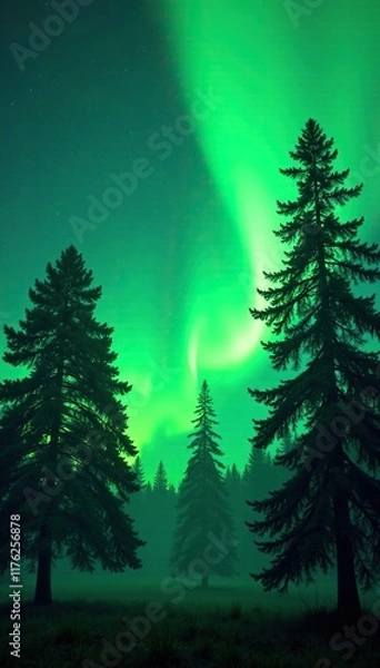 Obraz Emerald green treetops bathed in soft luminescent glow, aurora borealis, serene