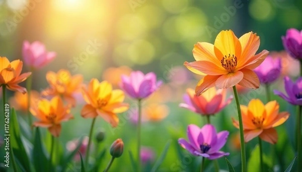 Fototapeta Colorful Prince s Feather flowers swaying in the breeze, breezy, flowers, spring
