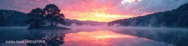 Fototapeta Lake scene at dusk with trees and sky reflected, nature, fog, reflection
