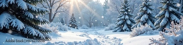 Fototapeta Snowflakes gently fall onto a serene and peaceful snow-covered garden, trees in snow, snow covered garden, winter scenery