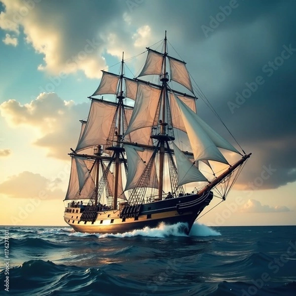 Fototapeta Mast and beam of a full rigged tall ship in rough seas with waves, waves, stormy sky, nature