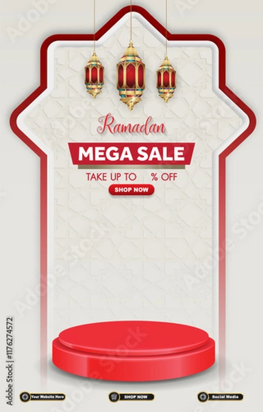 Fototapeta ramadan mega sale template banner with 3d podium for product sale with white background design 01