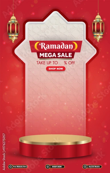 Fototapeta ramadan mega sale template banner with 3d podium for product sale with red background design