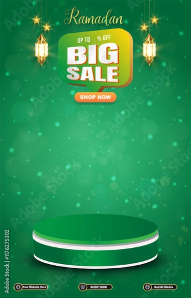 Fototapeta ramadan big sale template banner with 3d podium for product sale with green background design