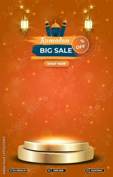 Fototapeta ramadan big sale template banner with 3d podium for product sale with orange background design