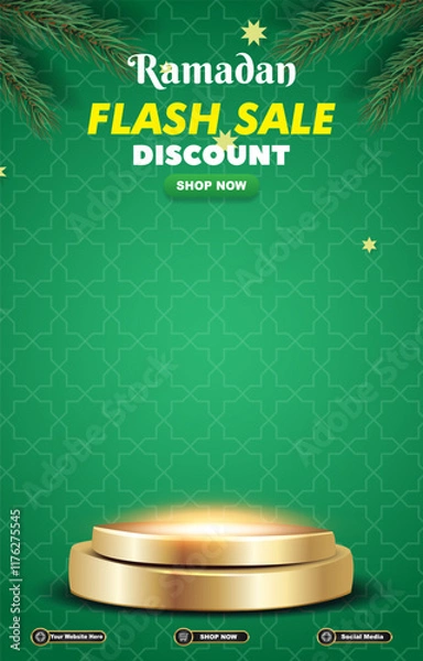 Fototapeta ramadan flash sale discount template banner with 3d podium for product sale with green background design
