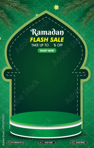 Fototapeta ramadan flash sale template banner with 3d podium for product sale with green background design