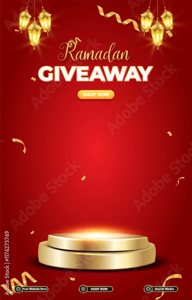 Fototapeta ramadan giveaway template banner with 3d podium for product sale with red background design