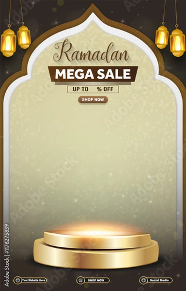 Fototapeta ramadan mega sale template banner with 3d podium for product sale with brown background design 01