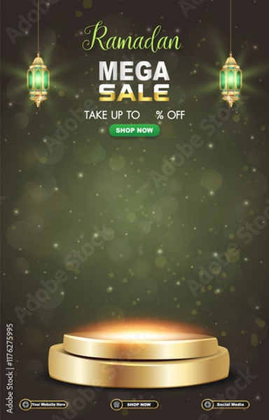 Fototapeta ramadan mega sale template banner with 3d podium for product sale with green background design 01