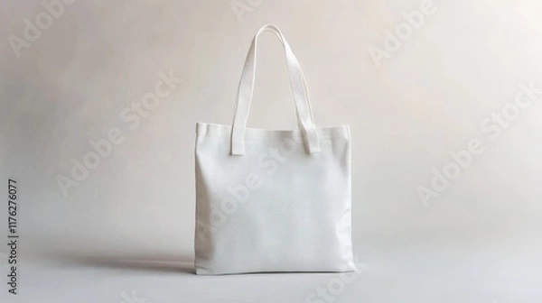 Fototapeta 34.A simple white canvas tote bag displayed against a seamless light grey background, with soft lighting that emphasizes its eco-friendly fabric texture, providing ample negative space for logos,