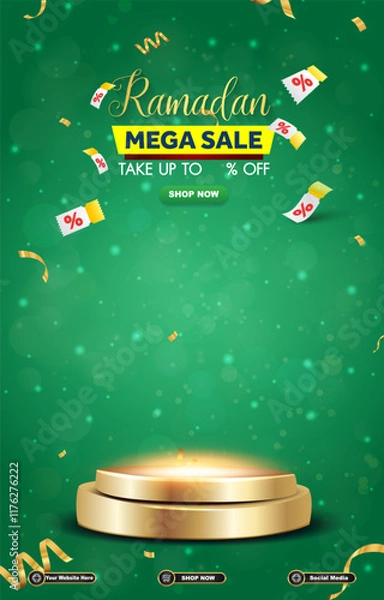 Fototapeta ramadan mega sale template banner with 3d podium for product sale with green background design