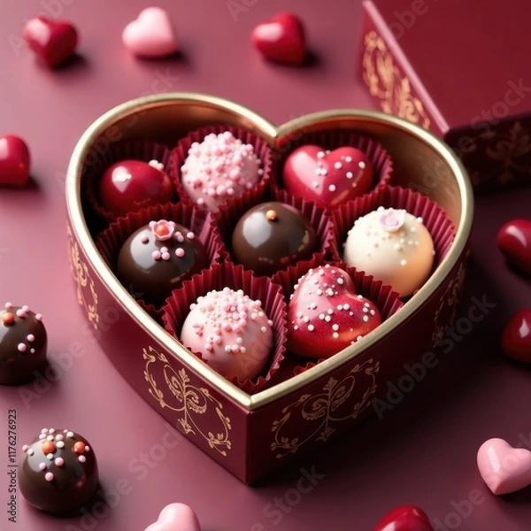 Fototapeta Ornate, heart-shaped chocolate box filled with assorted truffles and candies in shades of pink and red , arrangement, sweets