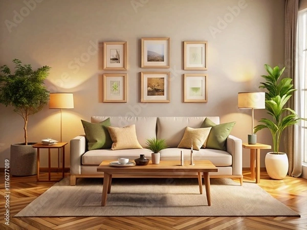 Fototapeta Minimalist Living Room Interior Design with Empty Frames and Soft Lighting