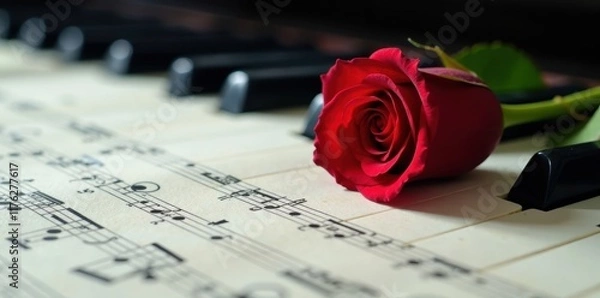 Fototapeta Single red rose rests on a sheet of music, partially covering piano keys in a harmonious composition, piano keys, soothing colors
