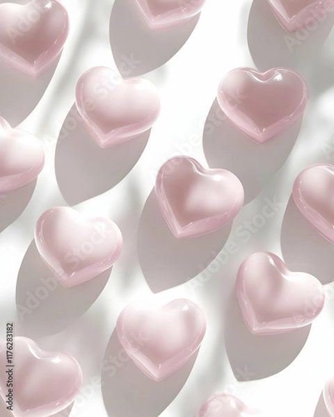 Fototapeta A collection of pink heart-shaped objects casting soft shadows on a light background.