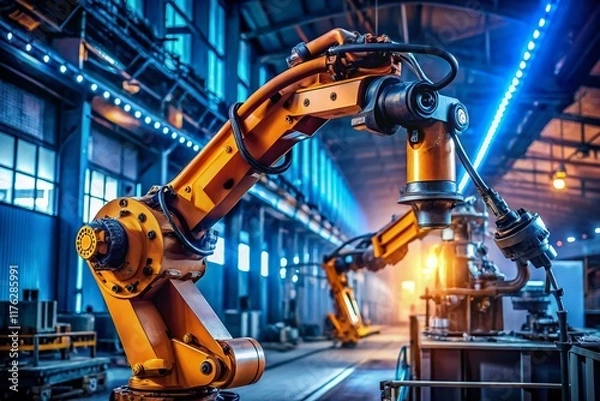 Fototapeta Night Shift: Industrial Robot Arm Working in Modern Factory
