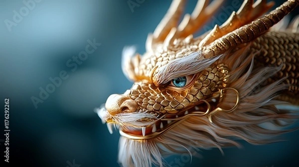 Fototapeta Majestic Golden Dragon Headpiece with Intricate Glowing Scales   A Captivating Mythical Creature Rendering Showcasing Ornate Reptilian Features and Mesmerizing Luminescence