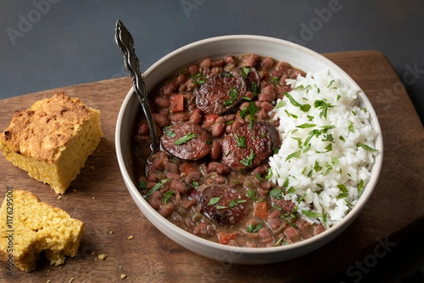 Obraz CLASSIC RED BEANS AND RICE WITH ANDOUILLE SAUSAGE, CILANTRO AND CORNBREAD ON A WOODEN BOARD WITH SPOON