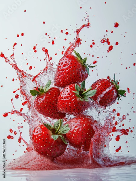 Fototapeta Fresh strawberries splash into water, creating a vibrant, dynamic scene filled with droplets and vivid colors.