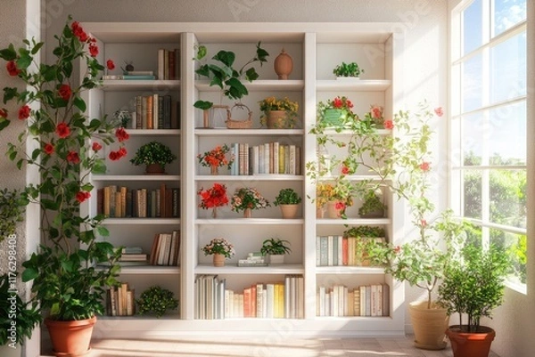 Fototapeta A white bookcase with books and potted plants, bathed in sunlight from the window.