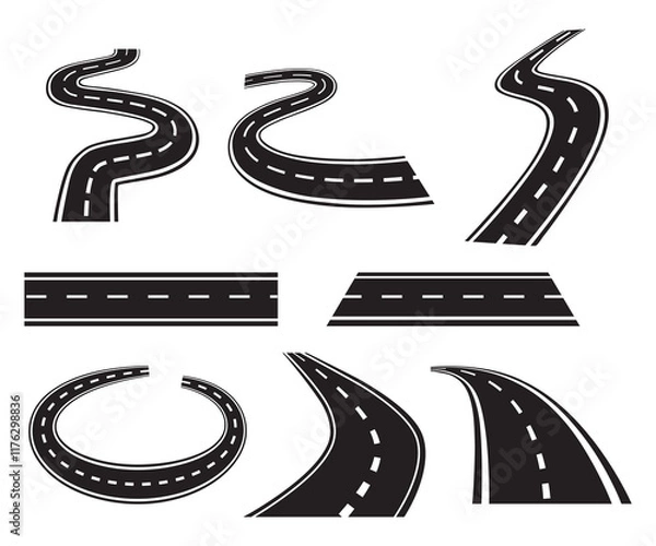 Fototapeta Winding and curved road. Highways, asphalt paths icon set vector