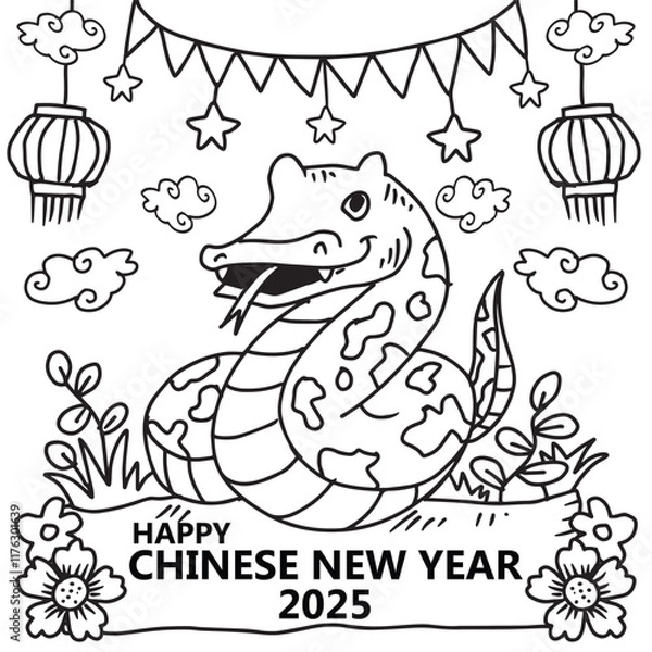 Fototapeta Coloring book for children, cute snake in the garden with lanterns