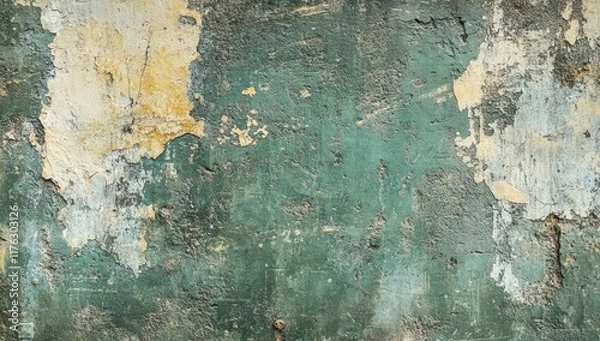 Fototapeta Weathered teal wall texture with peeling paint.