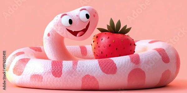 Fototapeta whimsical snake with heart and strawberry, exuding joy and charm