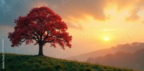 Fototapeta Foliage of dry linden tree against a misty dawn sky, dry linden, tree leaves