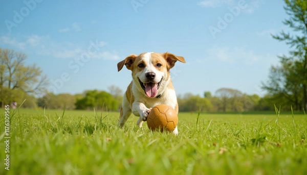 Fototapeta Dog running with a brown ball in its mouth on a sunny day in a grassy field