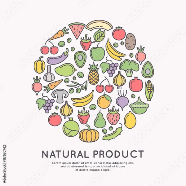 Fototapeta Linear icons of vegetables and fruits.