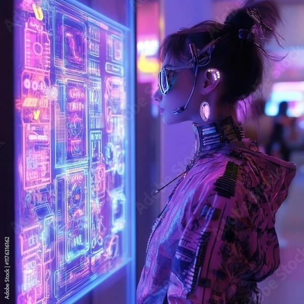 Fototapeta Futuristic cyborg, and communication board, absorbed in mesmerizing digital displays, showcasing the blend of human interaction with technology.