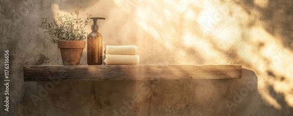 Fototapeta A serene bathroom shelf featuring a potted plant, a spray bottle, and neatly stacked towels, illuminated by soft, warm light.