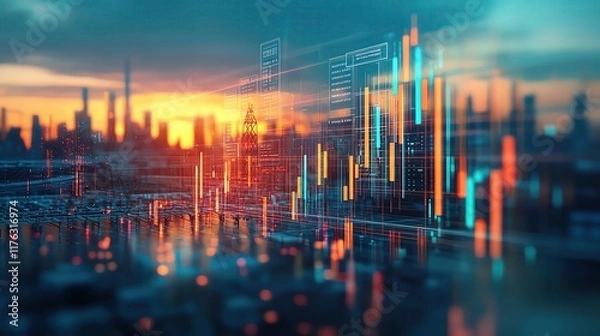 Fototapeta Detailed view of power grid infrastructure with equity firm financial documents overlay, symbolizing asset management and growth