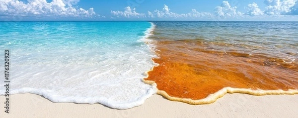 Fototapeta Vibrant beach scene with contrasting turquoise and brown water meeting sand.
